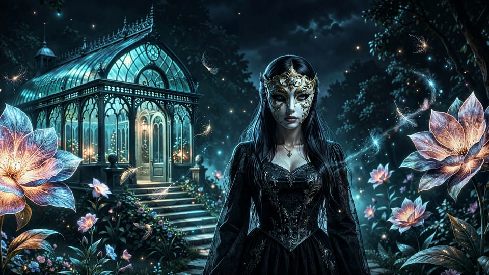 Masked woman in a black gothic gown in a glowing night garden beside a teal glass greenhouse